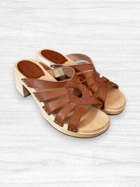 Swedish Hasbeens Brown Leather Wooden Platform Clog Mules EU 40 Sweden